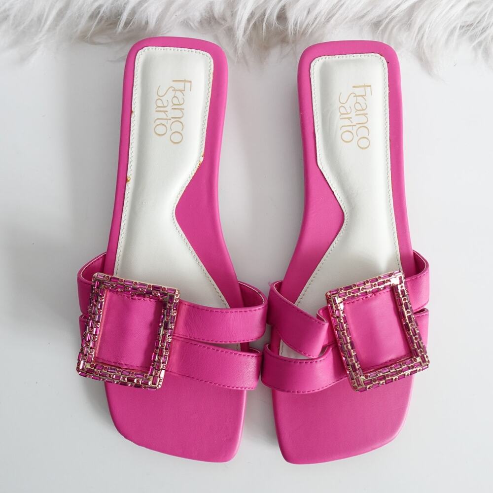 Franco Sarto Nalani Pink Leather Crystal Broach Slide Sandals